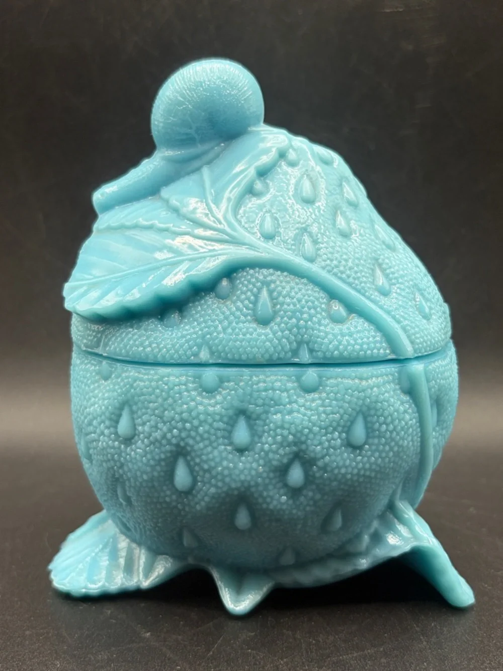 Portieux Blue Milk Glass Snail on Strawberry Lidded Dish Candy Bowl Trinket Box